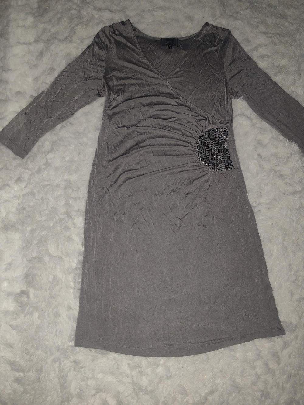 Slinky Brand Long Sleeve Grey V-Neck Ruched Dress with Beaded Waist